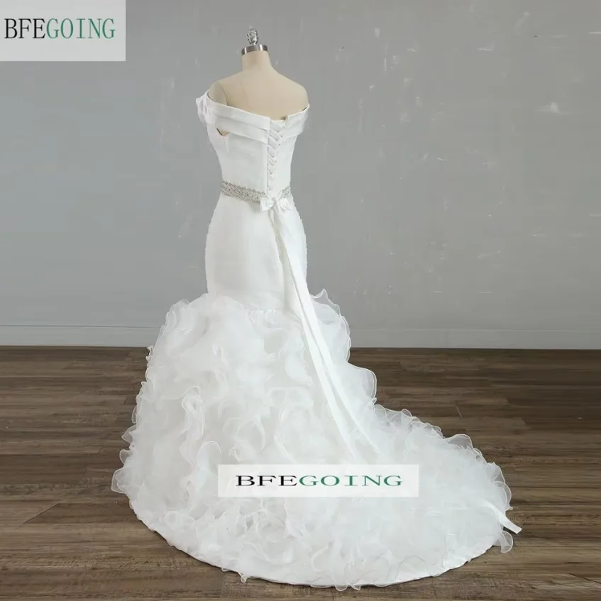 Mermaid/Trumpet Wedding Dresses Chapel Train Customized Off The Shoulder V-Neck Floor-Length Bridal Gowns