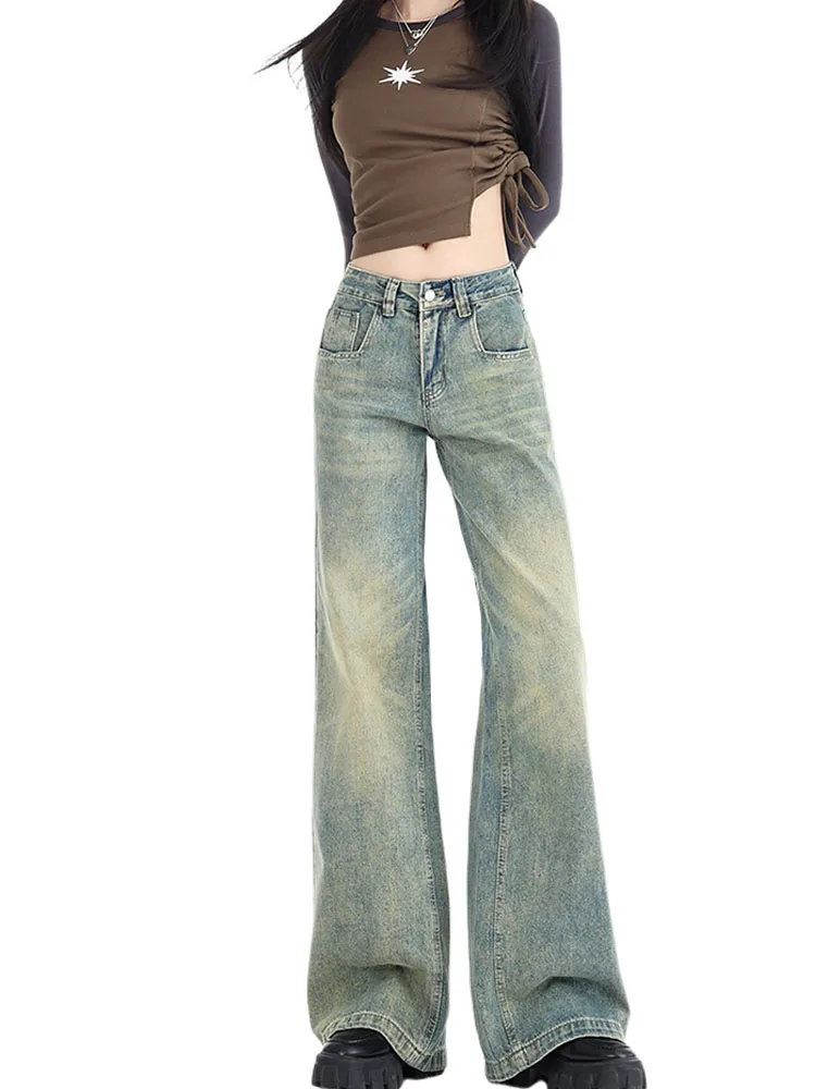 

Korean Fashion New Design Bleached Jeans Women Sexy Gyaru Slim Wide Leg Pants Summer 2000s High Street Hip-hop Denim Trousers