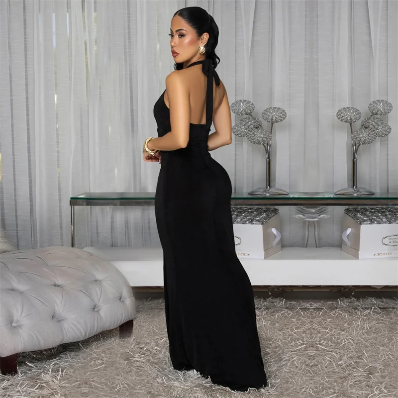 Sin espalda sin mangas Halter ceñido al cuerpo mujeres delgadas Sexy vestido largo de fiesta recortado negro blanco Maxi vestido de noche para discoteca con cinta larga