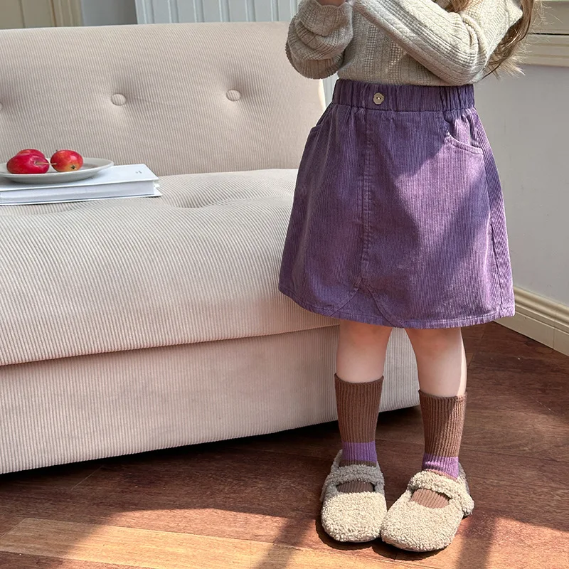 2026 Autumn Girls Soft Corduroy Skirt Ribbed Cotton Blend Casual Short Skirt Versatile Fashion Bottom for Little Girls