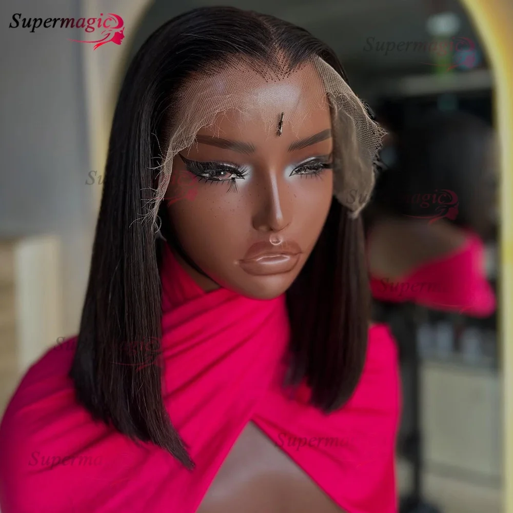 100% فيتنامي سوبر مزدوج مسحوب العظام مستقيم 13x4 أمامي بوب شعر مستعار مع شعر الإنسان أسود طبيعي 300% الكثافة للنساء السود #4