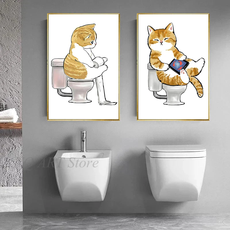 

Toilet Cat Playing Mobile Phone Paper Poster Simple Pet Prints Canvas Painting Wall Art Pictures Home Bathroom Room Decoration