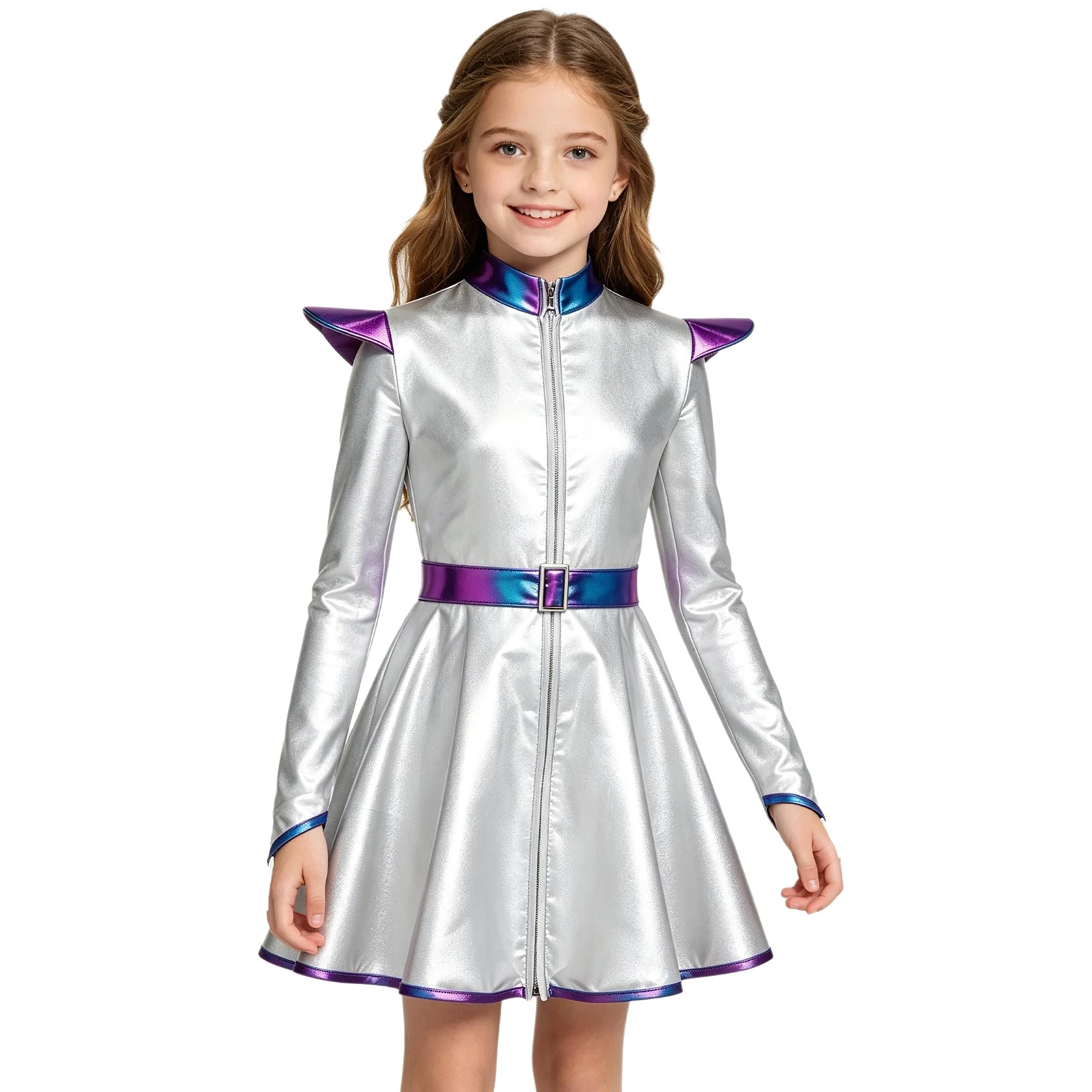 Kids Girls Metallic Halloween Dance Alien Dresses Long Sleeves Zip Tutu Dress with Belt Outer Space Robot Dress-up Dance Costume
