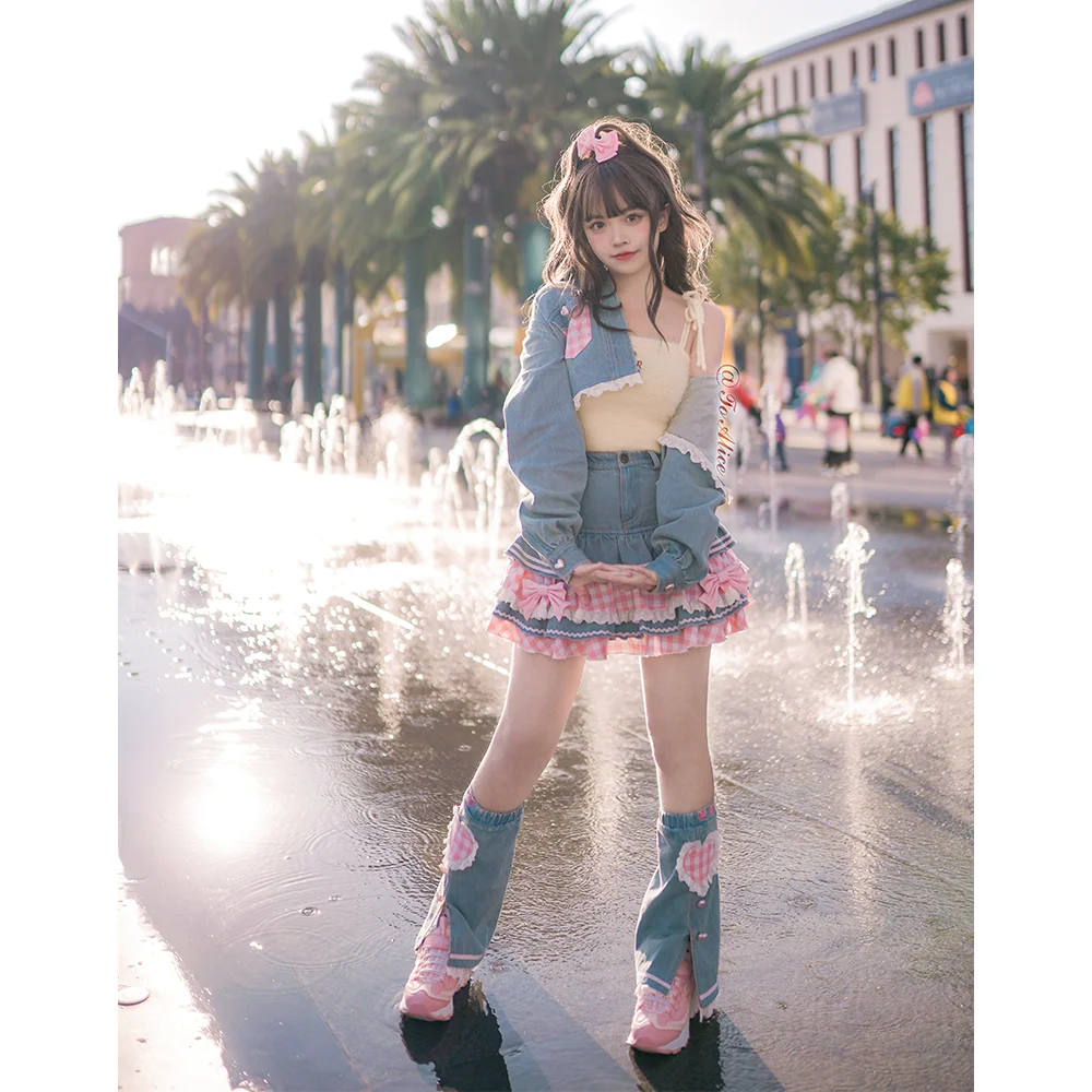 Lolita Kawaii Skirts Japanese Sweet Mini Women Harajuku Cute Ball Gown Denim Skater High Waist Lace Cake Skirts Lotus Leaf Edge