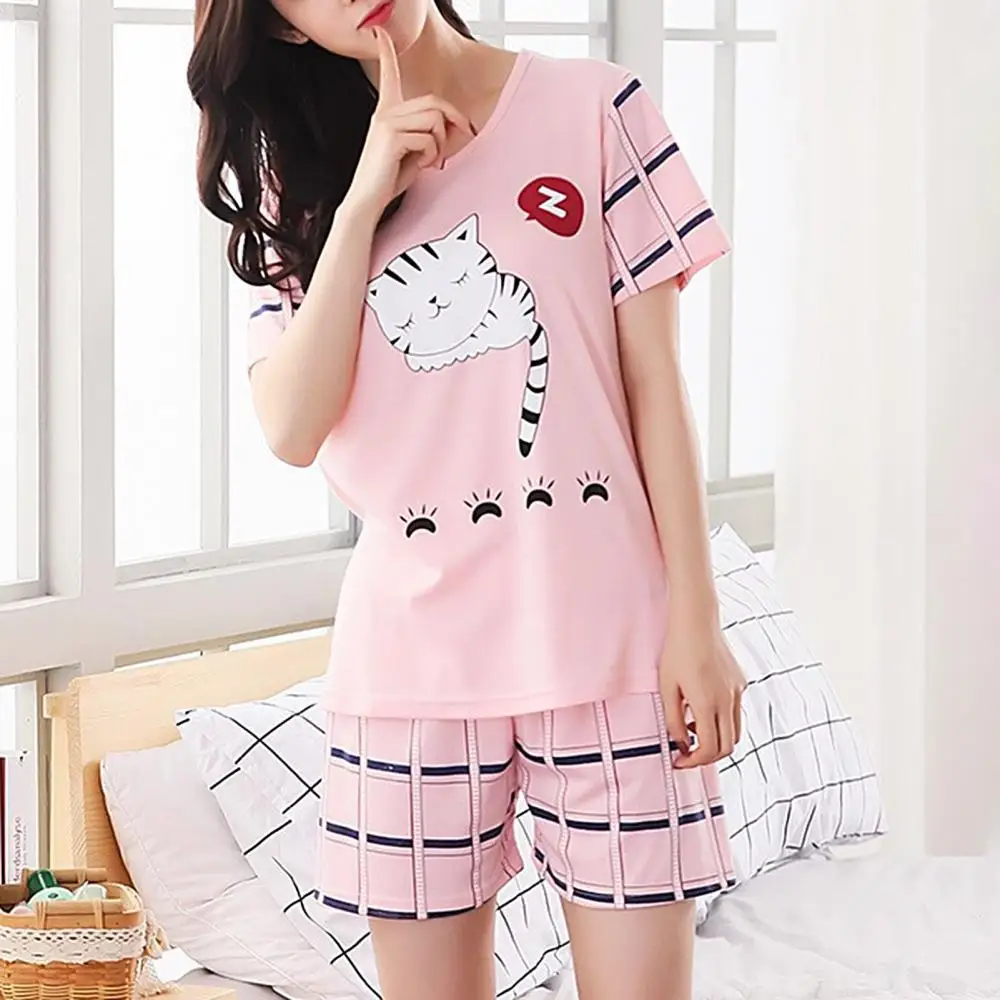 

Homwear Outfit Set Polyester Elastic Waistband Summer Summer Cartoon Cats Print Pajamas Set Sleepwear Set Breathable