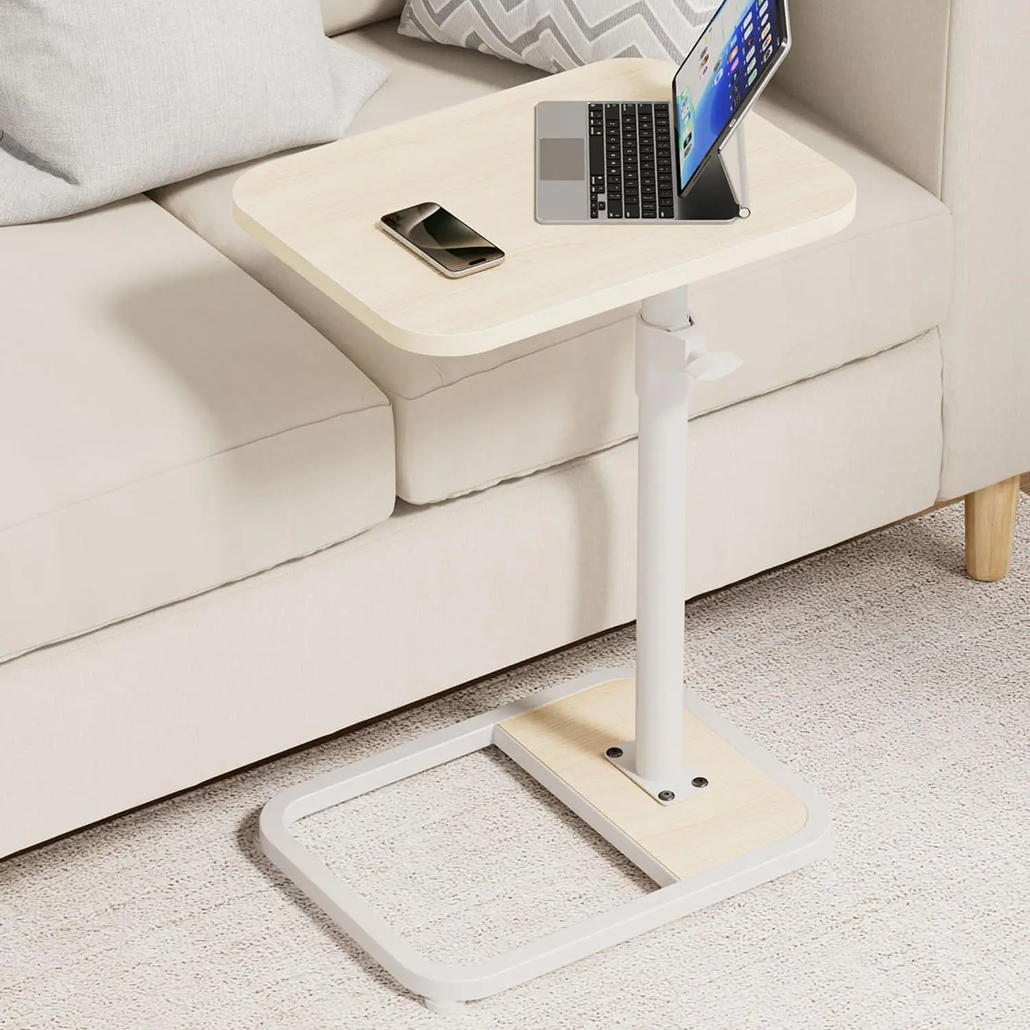 

C Shaped Adjustable End Table, Swivel Sofa Table for Living Room, Bedroom, Natural Wood, Compact Design