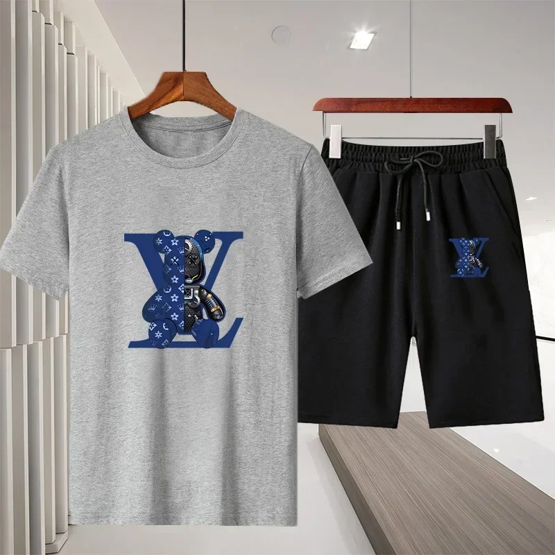 Men's cotton breathable T-shirt and shorts set, 2-piece, men's and women's fashionable short-sleeved knitwear, sports outfit - view 6