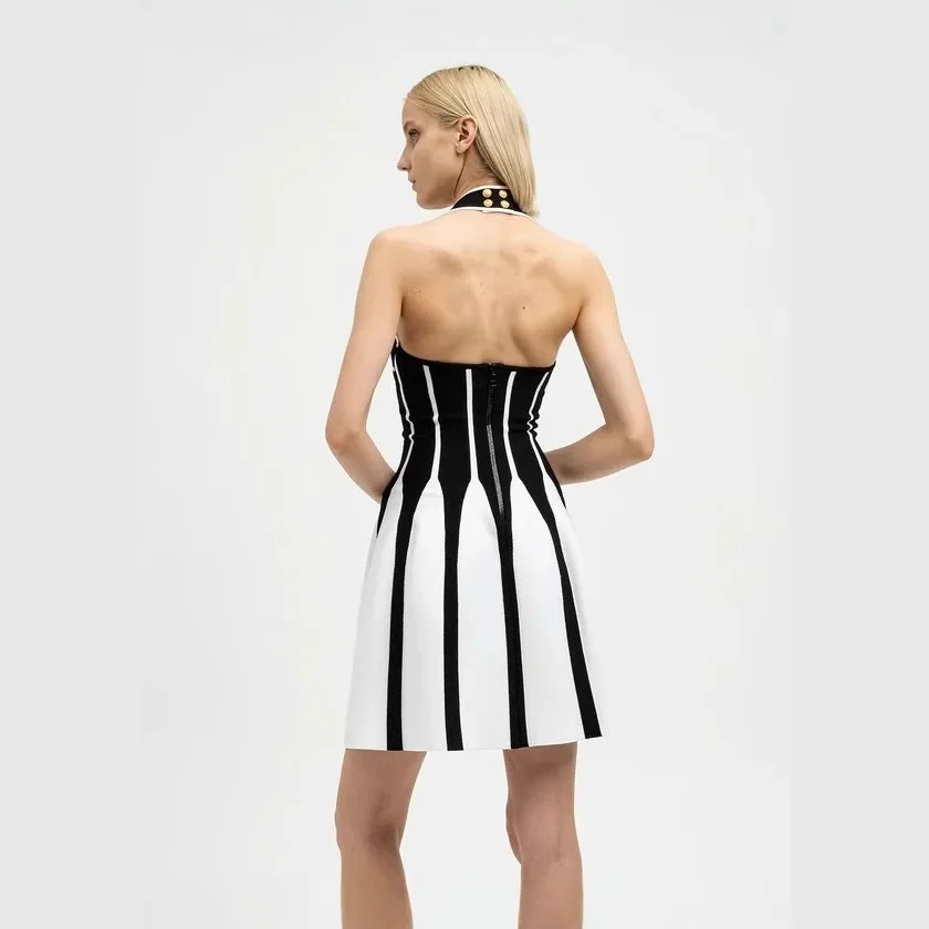 Robe courte à col bas noir et blanc pour femmes, robe de soirée élégante pour les fêtes, les vacances, les spectacles, costume de scène