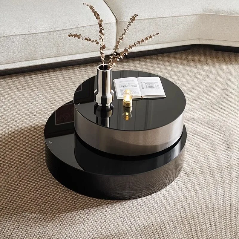 modern light luxury black minimalist creative rotating telescopic stainless steel glass size round coffee table combination