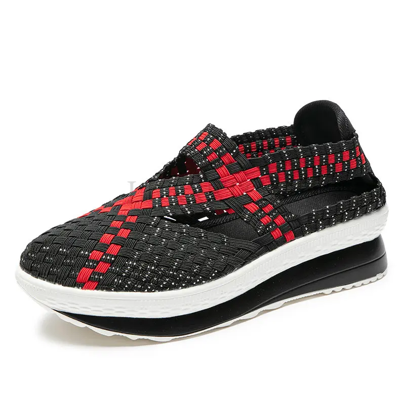 Women Shoes Flat Platform Woven Casual Loafers Slip On Breathable Walking Sneakers Fashion Female Tenis 4.5CM Heigh