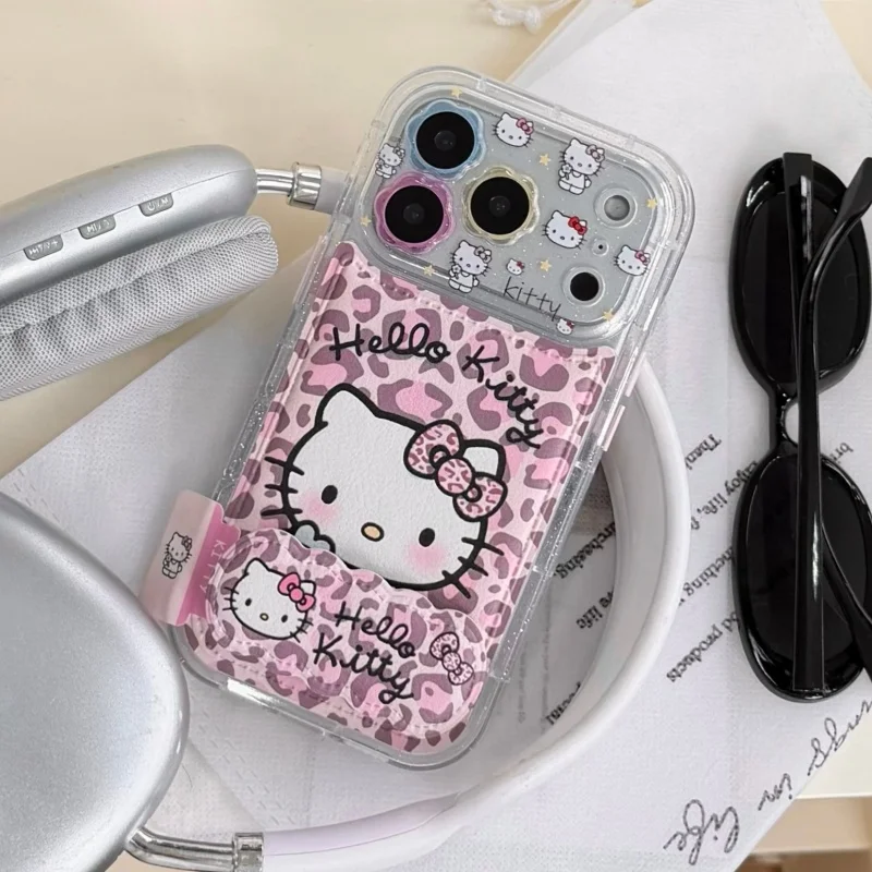 

Luxury Pink leopard print KT Holder Cute cartoon Sparkling Hello Kitty leather Phone Case For iPhone 13 14 15 16 17Pro Max Cover