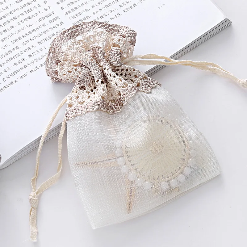 Lace Jewelry Drawstring Organza Bags, Pouches, Beige, Candy Packaging, Flower, Wedding Gift Storage, Craft Supplies, Wholesales