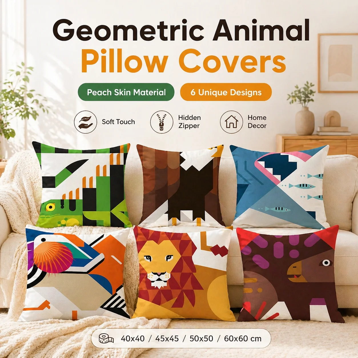

Abstract Geometric Animal Pillow Cover 2D Flat Printed Peach Skin Throw Cushion Case for Sofa Living Room Home Decor 45x45cm