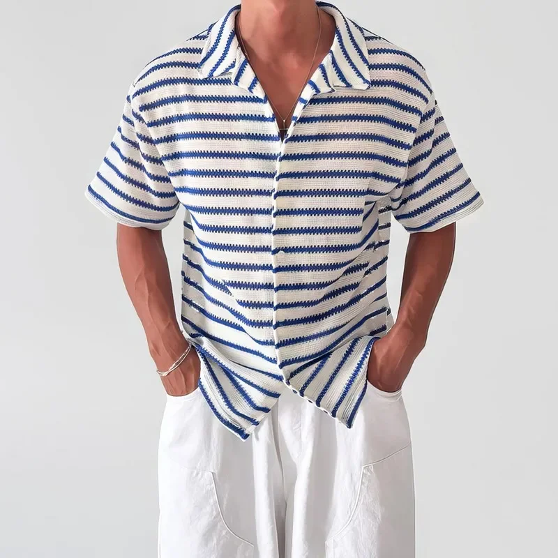 Korean Style Hollow Out Striped Shirt Men Summer Breathable Blue Stripe Short Sleeve Button Down Casual Fashion Top