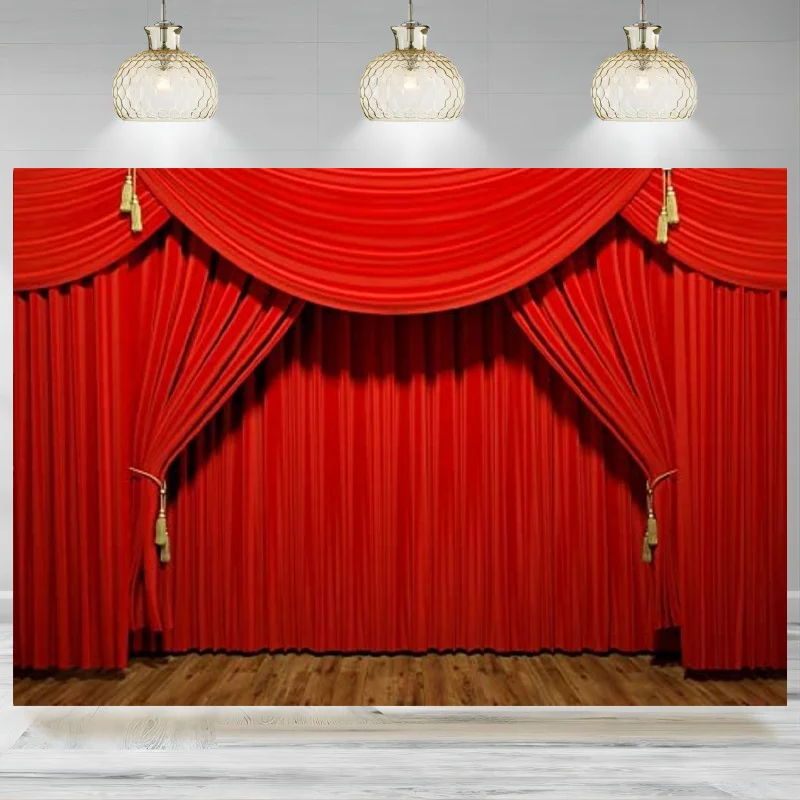 Theater Stage Photography Background Stage Lights Red Curtains Wooden Floor Festival Celebration Backdrop Children Baby Banner