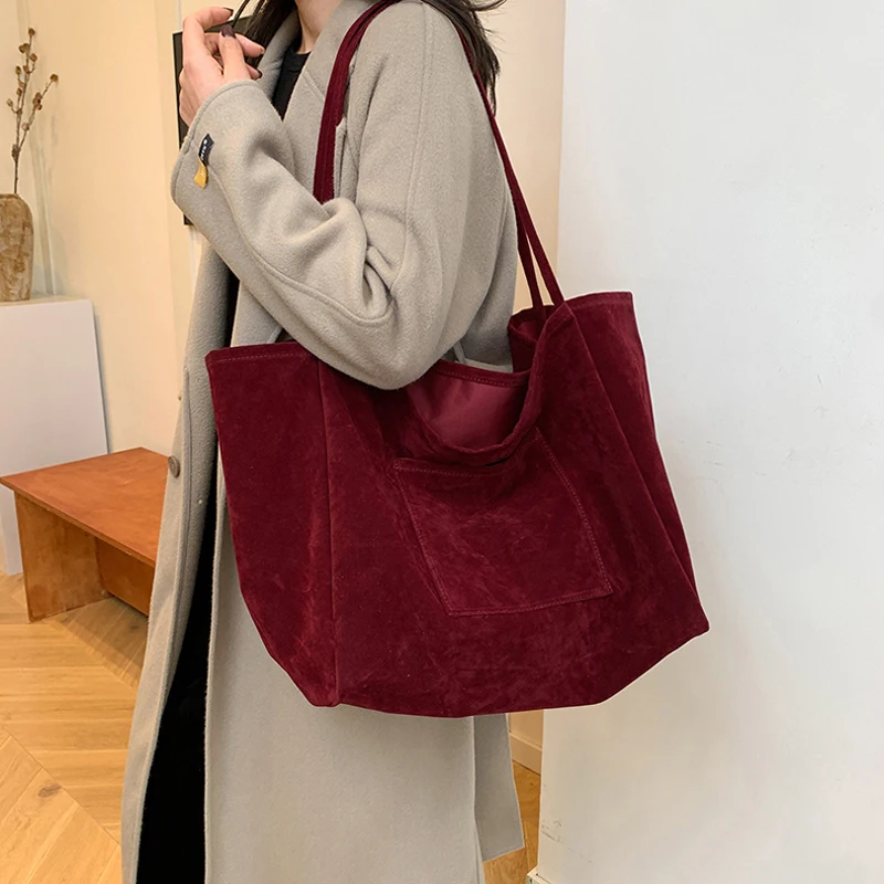 

Large Faux Suede Handbags Soft Solid Color Fashionable Commuting Shopping Work Shoulder Bag College Class Laptop Travel Tote Bag