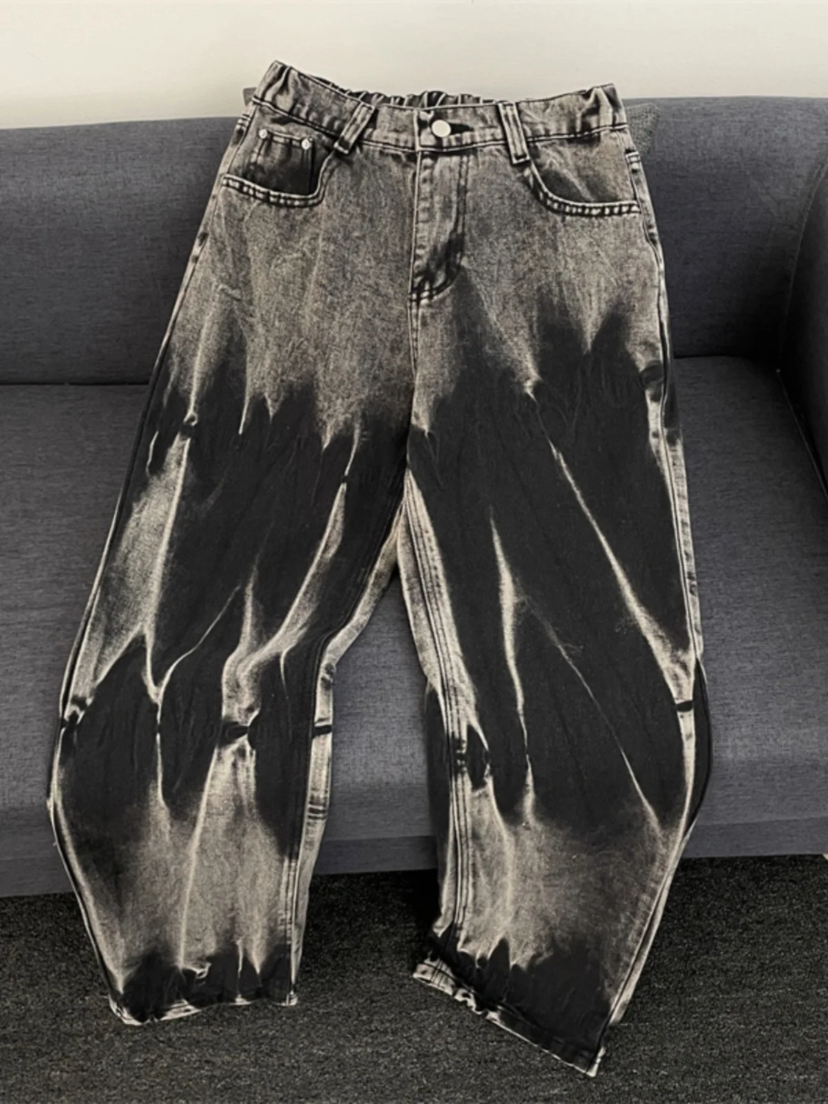 

Men Washed Tie Dye Jeans Fashionable Design Spring Autumn Black Denim Pants American Casual Loose Vintage Street Style Trousers