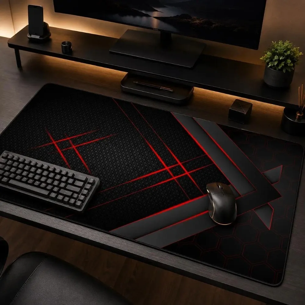 Black Red Gaming Desk Mat, Geometric Mouse Pad, Hexagon Gamer Deskmat, Large Waterproof Mousepad alfombrillas para escritorio