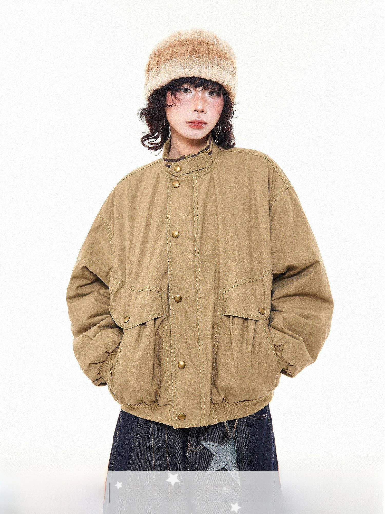 

MIKYO Американский ретро-кардиган с пуговицами и воротником-стойкой, хлопковый, женский, зимний, свободный, повседневный, теплый, на пуговицах, пальто-кардиган