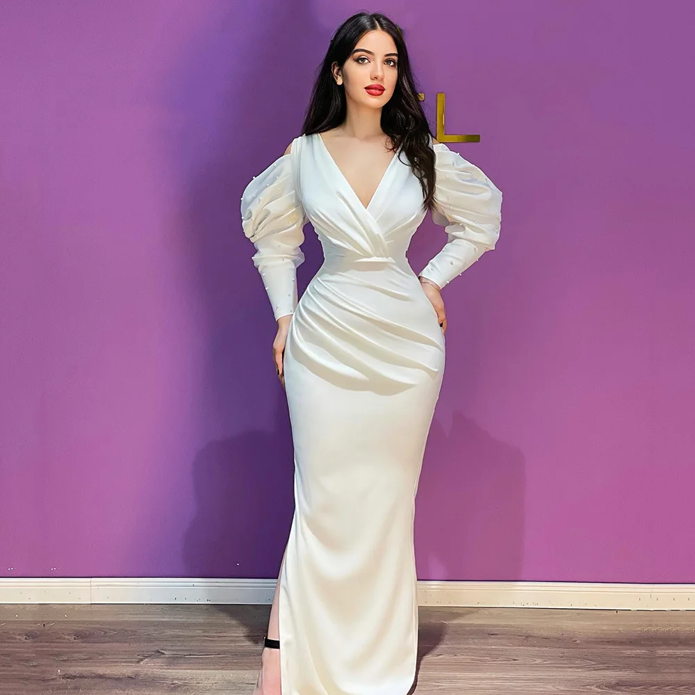 

Yipeisha Long Sleeves Mermaid Evening Dresses Deep V-neck Side Slit Prom Gown with Pearls Saudi Arabia Formal Party Dress