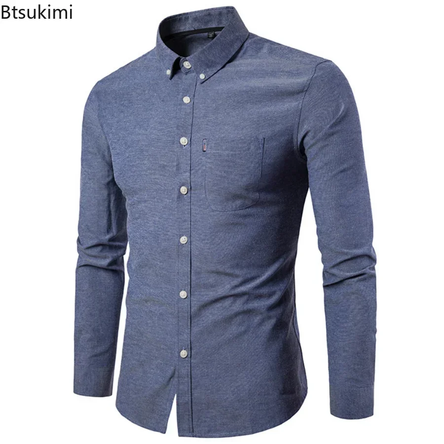 2025 Oxford Cotton Shirt Men Solid Casual Slim Fit Stand Collar Mens Formal Dress Shirts Long Sleeve Party Shirts Male Camisetas