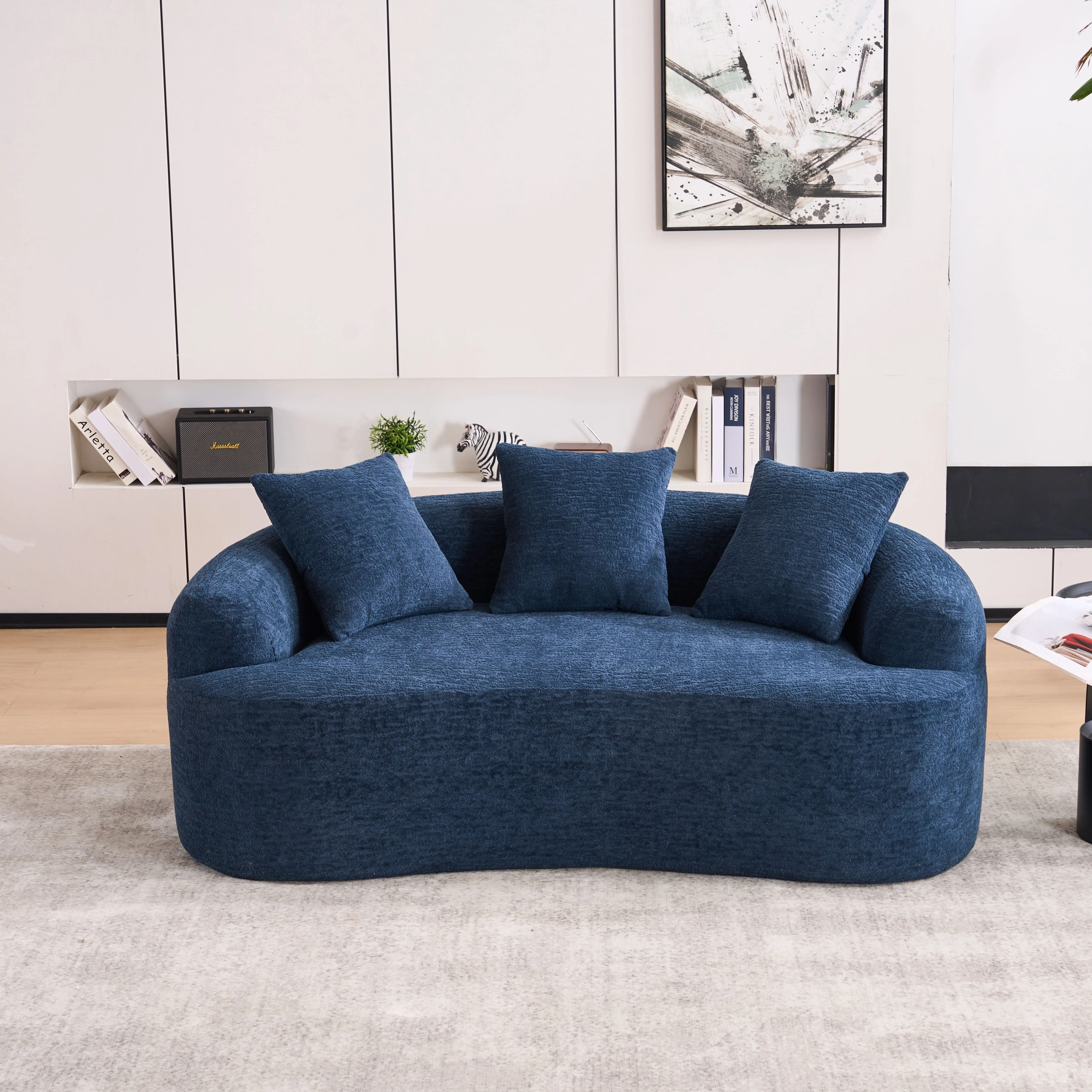 Modern Curved Loveseat Blue Velvet Sofa High Resilience Sponge Cushion Compact Living Room Furniture for Apartment