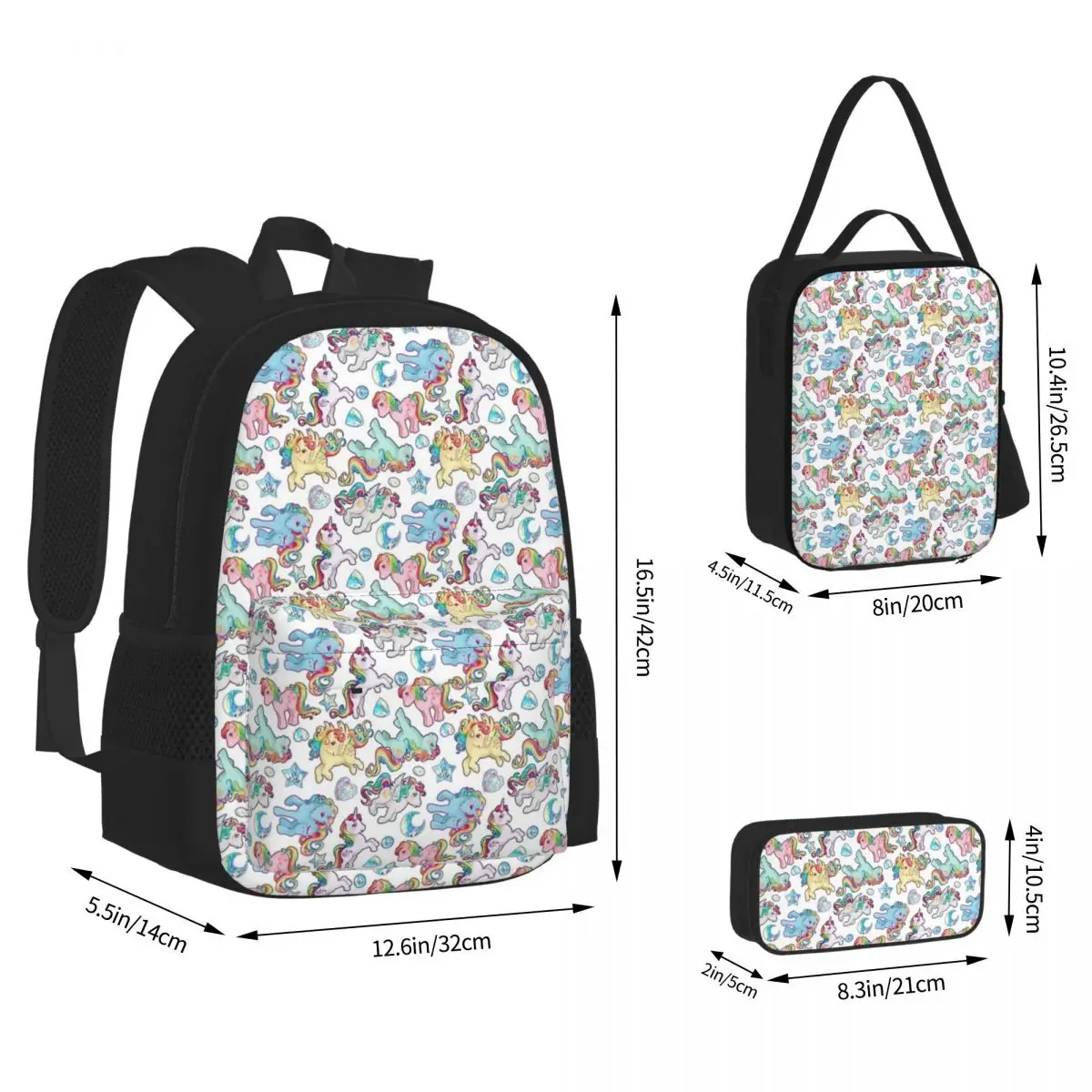 Regenbogen Ponys G1 Rucksäcke Jungen Mädchen Bücher tasche Studenten Schult aschen Cartoon Kinder Rucksack Lunch Bag Stift Tasche dreiteiliges Set