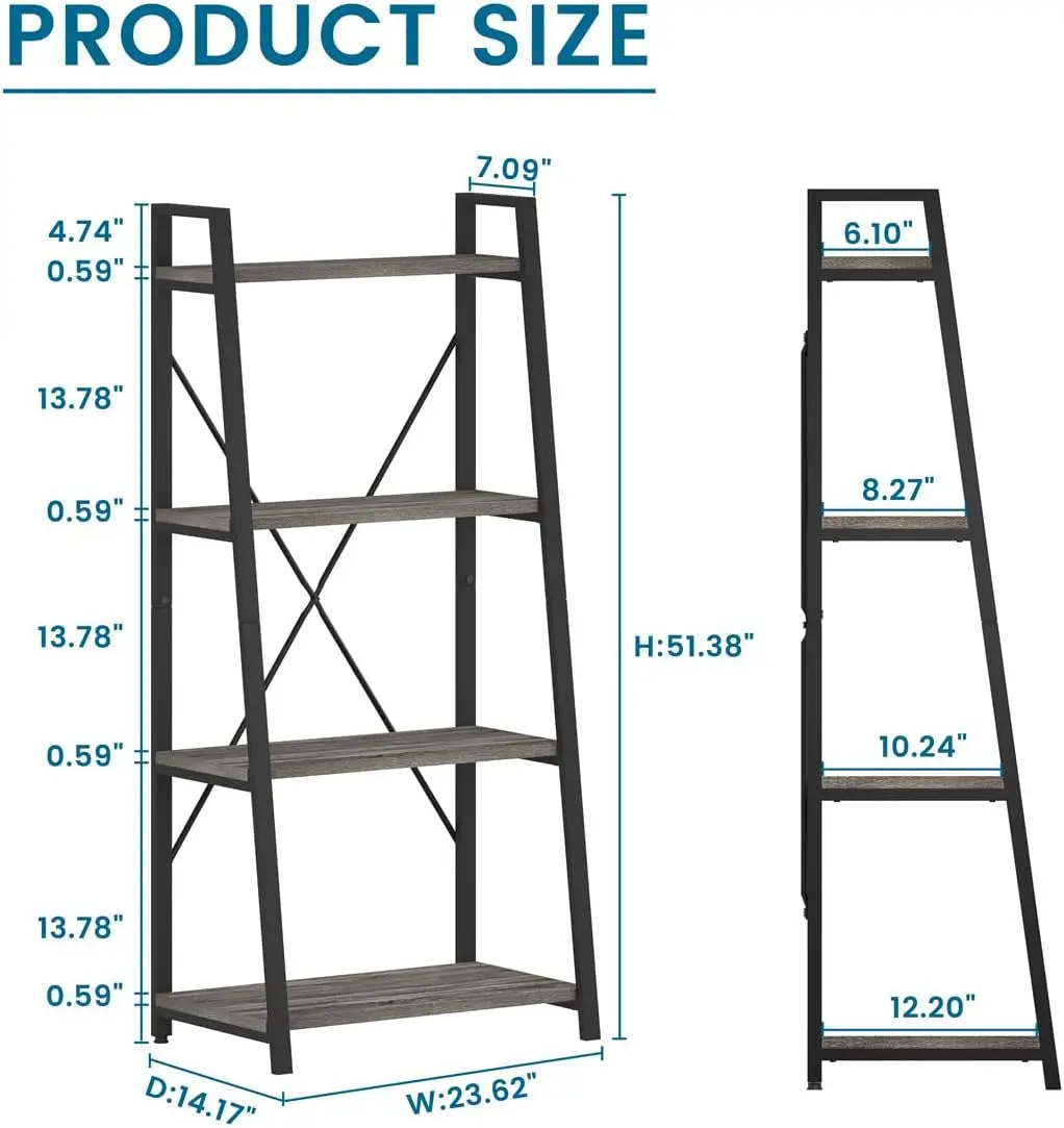 4 Tier Ladder Bookshelf Wood Leaning Shelf Bookcase Dark Grey Oak Shelving Unit For Living Room Bedroom Home Office