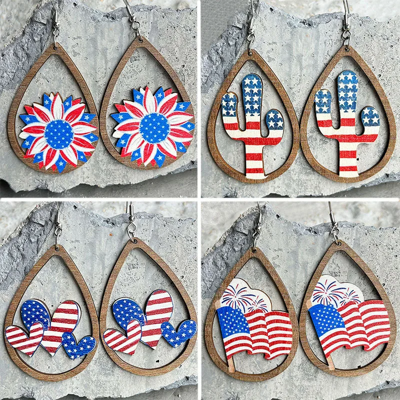 Western Independence Day Wooden Earrings for Women 4th of July Patriotic Statement Sunflower Stars Stripes Earrings Jewelry