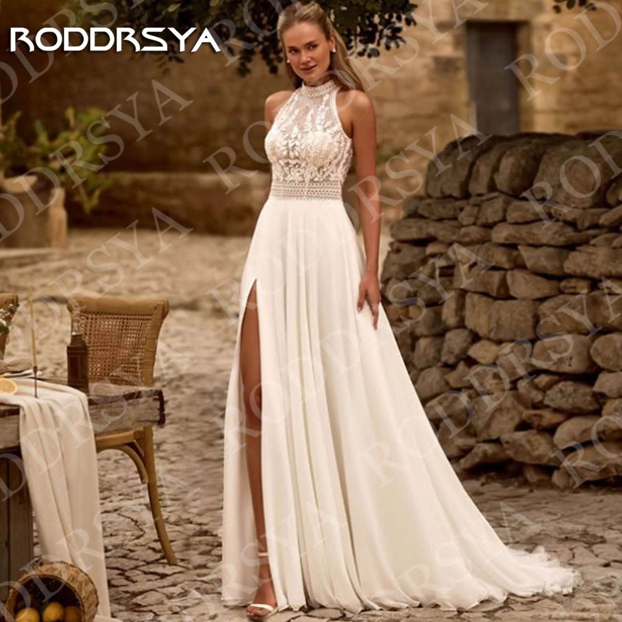 RODDRSYA 2026 보헤미안 웨딩 드레스 오픈 백 레이스 홀터넥 하이 슬릿 A라인 쉬폰 신부 드레스 맞춤 제작 웨딩드레스보헤미아 결혼식 드레스 오픈 백 레이스 Halter 목 높은 슬리트 라인 시폰 신부 드레스 주문을 받아서 만들어진