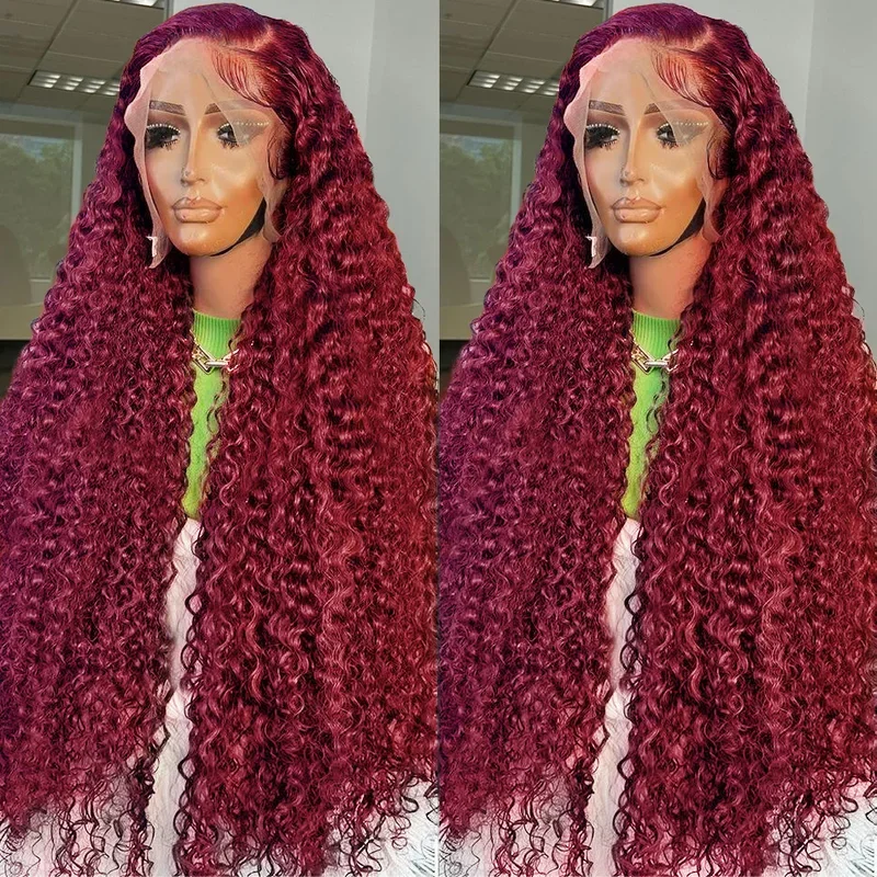 13x4 HD Transparent Lace Frontal Human Hair Wigs water curly 99J Burgundy 30 Inch Deep Wave Red Colored 13x6 Lace Front Wig