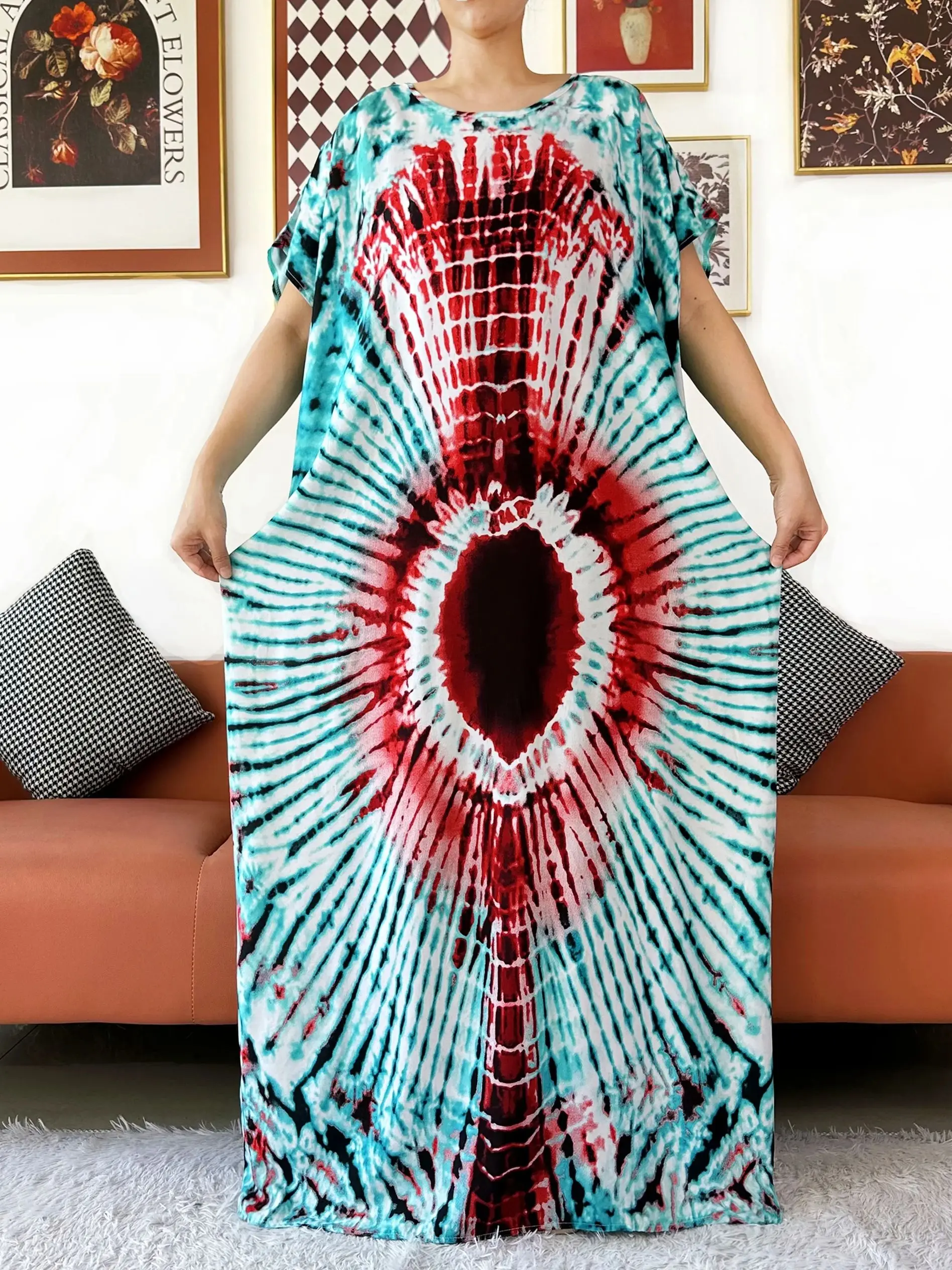 우아한 무슬림 드레스 타이다이 O넥 반팔 코튼 여성 루즈 아바야 보헤미안 맥시 드레스 캐주얼 드레스 아프리카 베스티도스