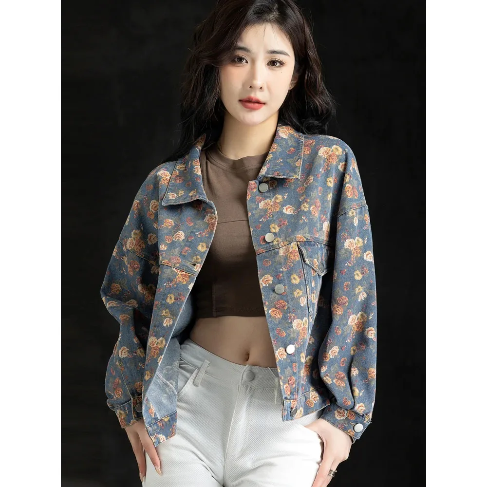 

Printed Denim Jacket 2025 New Women's Spring Autumn Short Jeans Coat Fashion Single Breasted Cowboy Outwear Ladies Denim Tops