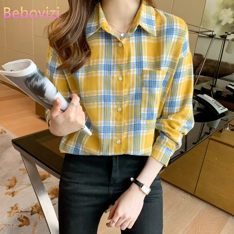 

Spring Casual Lady Plaid Shirt Slim Fashion Long Sleeve Women Turn-down Collar Blouse Top