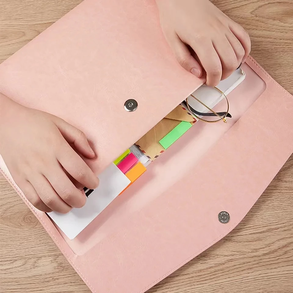 A4 PU Leather Snap Closure Document Organiser Stationery Dustproof Business Office Lightweight Large Capacity File Folder