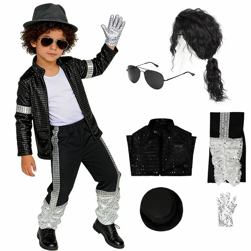 Disfraz de Michael Jackson Billie Jean para Niños, Traje Negro de Baile Disco, Disfraz de Halloween de los 80, Disfraz de Rey del Pop para Niños, Pantalones y Camiseta