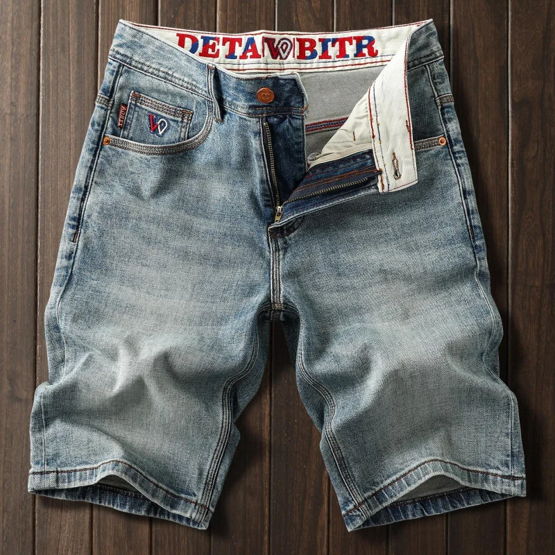 2026 Men's Summer Soft Cotton Denim Shorts New Elastic Cotton Fabric with Delicate Embroidery Straight Cut Neat Versatile Fashio