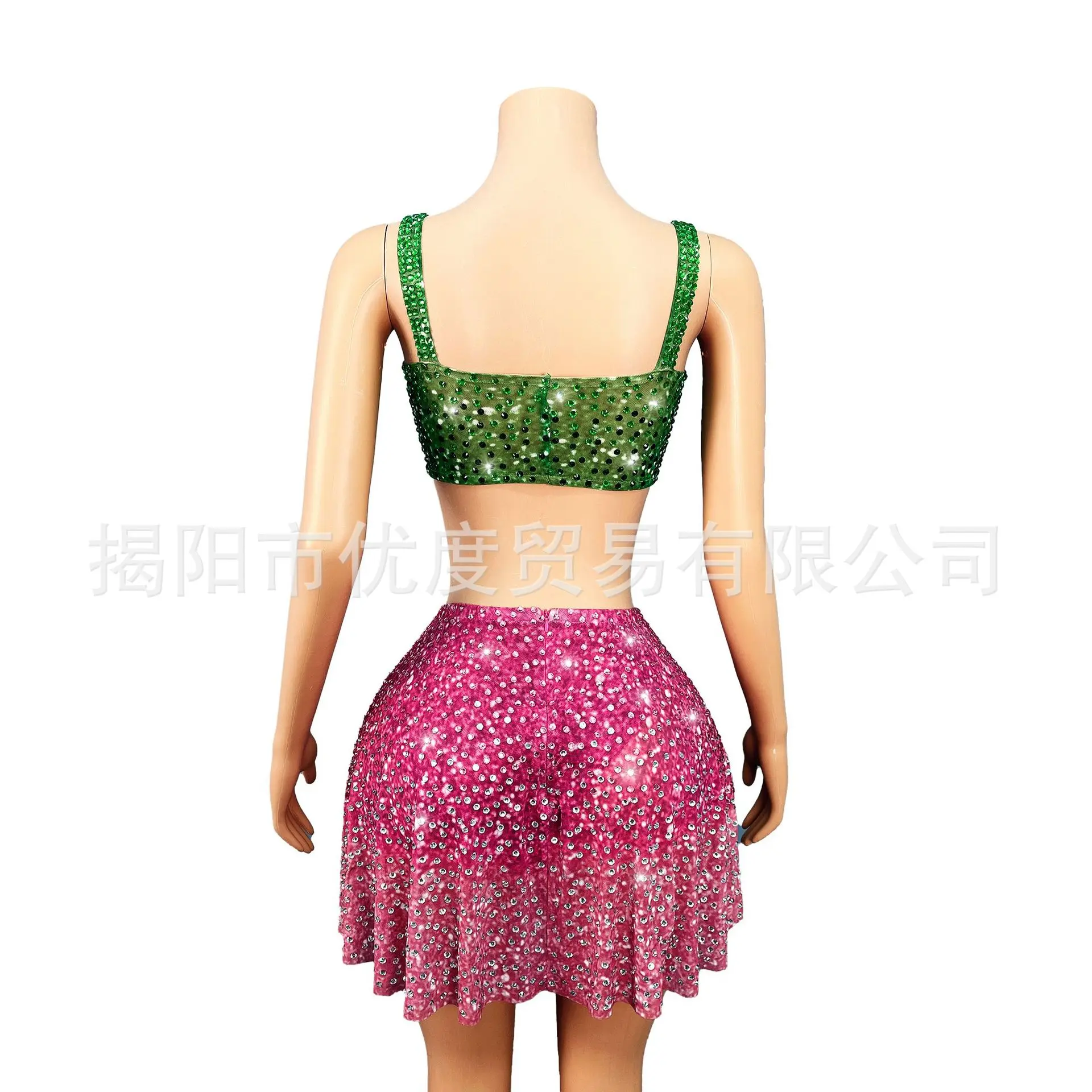 Swift Concert Same Glam Rhinestone Vest Skirt Set Elastic Apron Green Pink Leaf Vestido De Fiesta Vestidos De Graduaciones Mujer