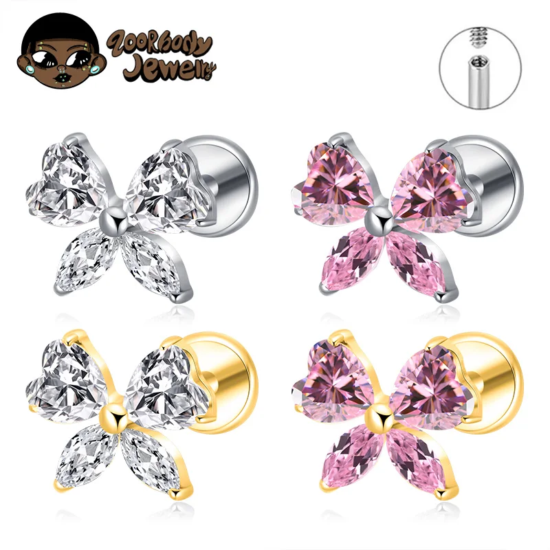 

ASTM F136 TItanium Heart CZ Bow Labret Studs Lip Piercing Ear Tragus Helix Conch Lobe Earrings Medusa Ring Cartilage Monroe