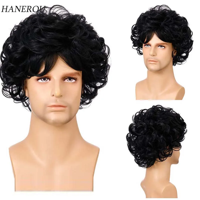 

Synthetic Short Curly Wigs for Men Black Fake Hair with Bangs For Men Fashion Fluffy Breathable Wig