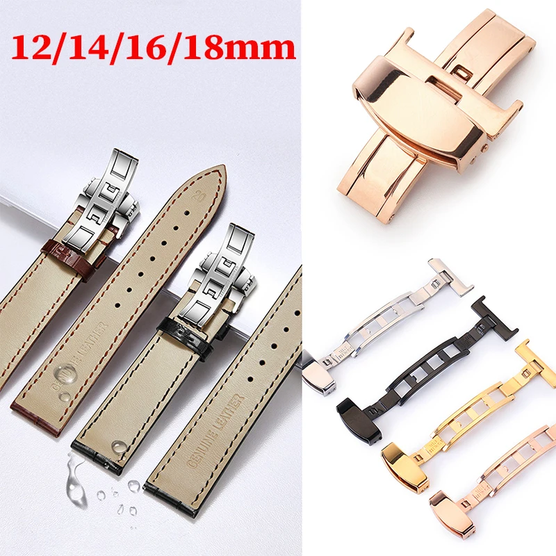 12mm 14mm 16mm 18mm aço inoxidável sólido duplo botão dobrável relógio fivela borboleta implantação fecho pulseira de relógio