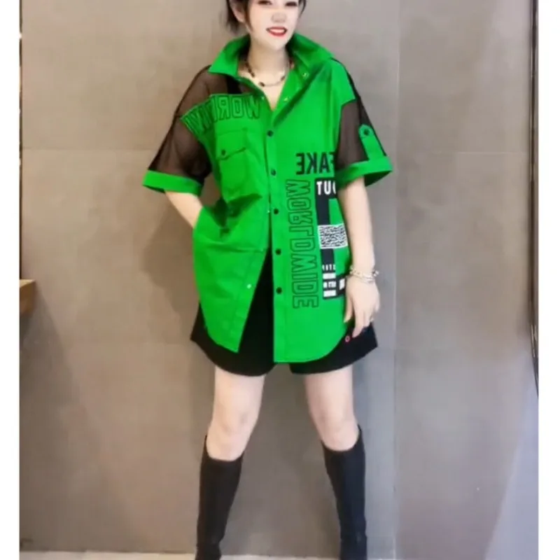 

European Summer Polo Collar Short Sleeve Single Breasted Mesh Stitching Letter Printing Medium Long Loose Shirt Woman Fashion