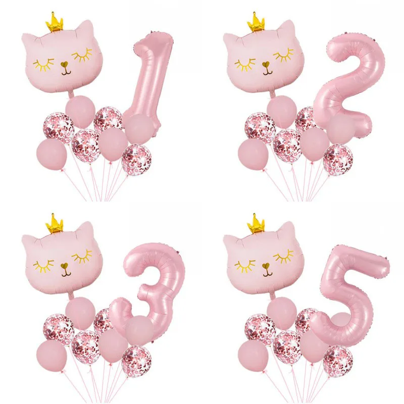 11pcs Pink 40inch Number Animal Foil Balloons Happy Birthday Party Decorations Kids Girl 1 2 3 4 5 6 7 8 9 Year Old Supplies 1st