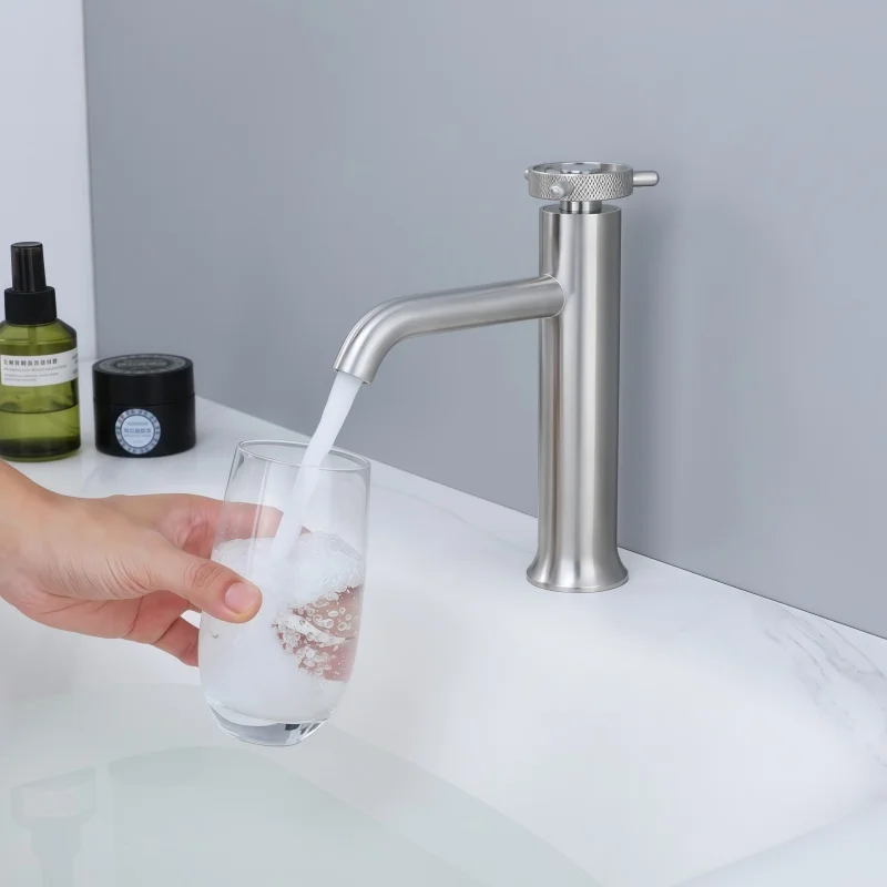 304 Stainless Steel Cold Start Steering Wheel Hot and Cold Countertop Basin Faucet for Home Bathroom Washbasin