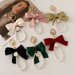 Vintage Faux Pearl Chain Keychains for Women Cute Heart Bow-Knot Charm Handbag Purse Decor Car Keyring Headphone Case Accessorie