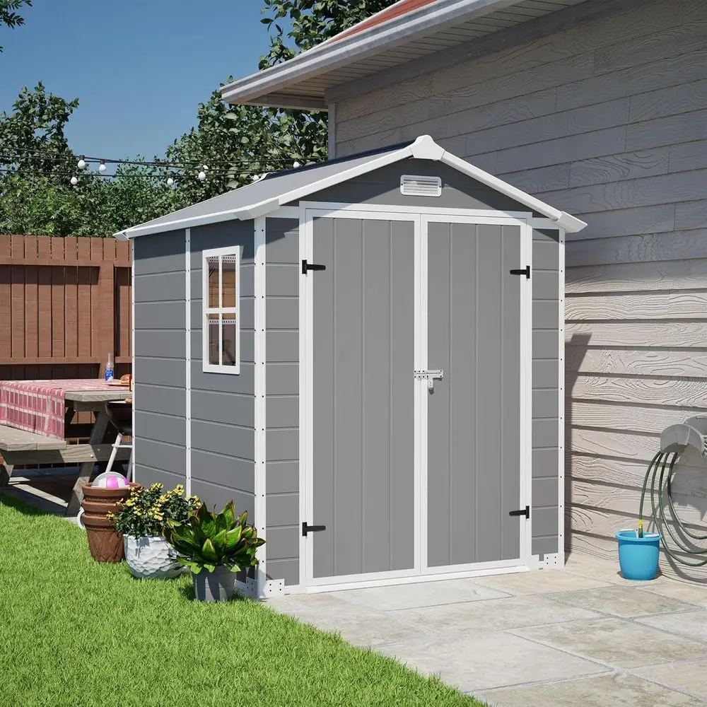 

6x6 Outdoor Resin Storage Shed Kit - Ideal for Patio Furniture, Garden Tools, Bikes, Beach Chairs, Lawn Mower - Grey & White