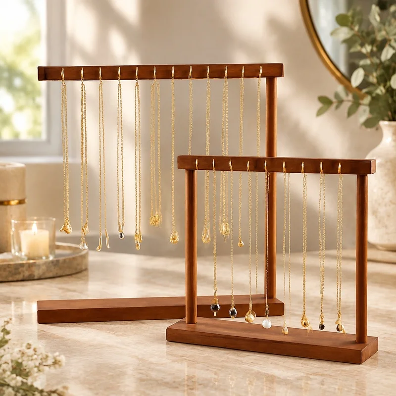 Wooden Jewelry Organizer Stand with Hanging Hooks for Necklaces, Bracelets, and Earrings - Compact Countertop Display Rack