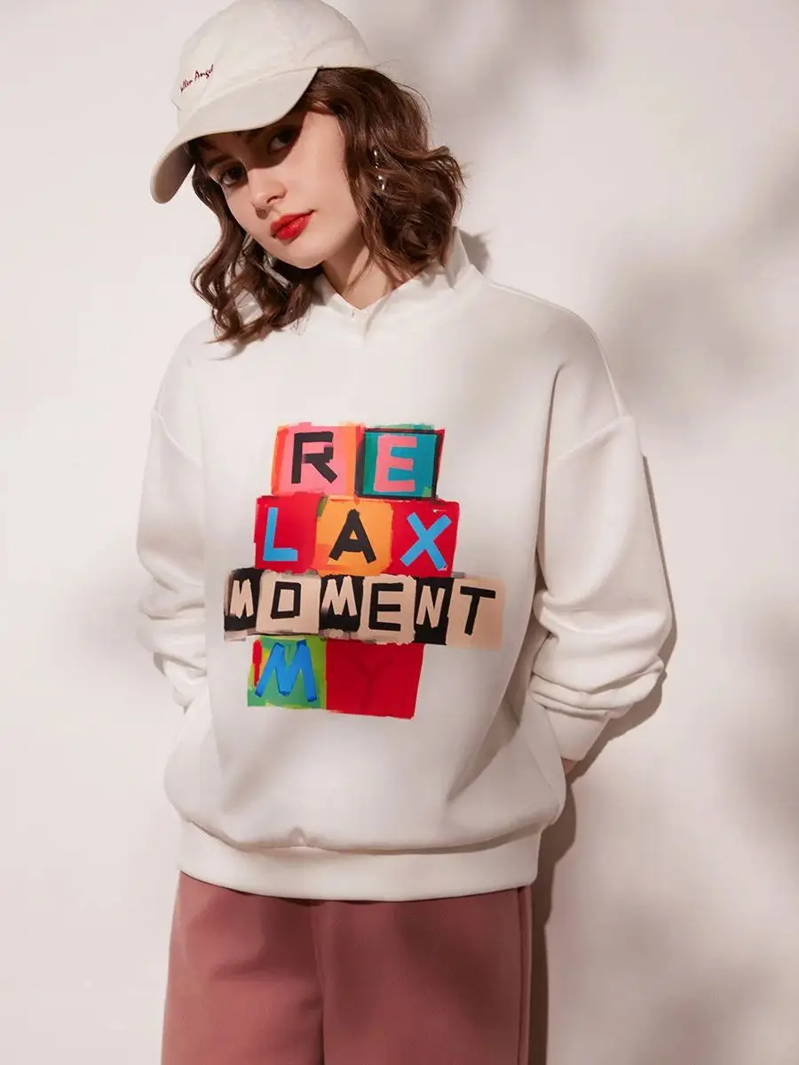 LOUIS YAO Women Sweatshirt 2024 Spring New Round Neck Long Sleeve Loose Fit Print Letter Drop Shoulder Sleeve Chic Top