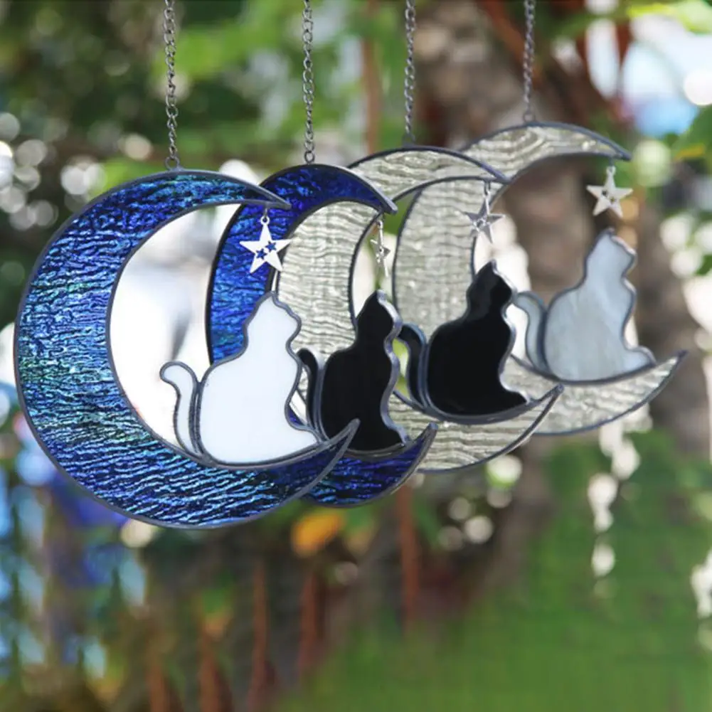 

Moon Cat Hanging Ornament Moon Hanging Decoration Charming Stained Glass Cat Hanging Decoration Moon Star Design Elegant Indoor
