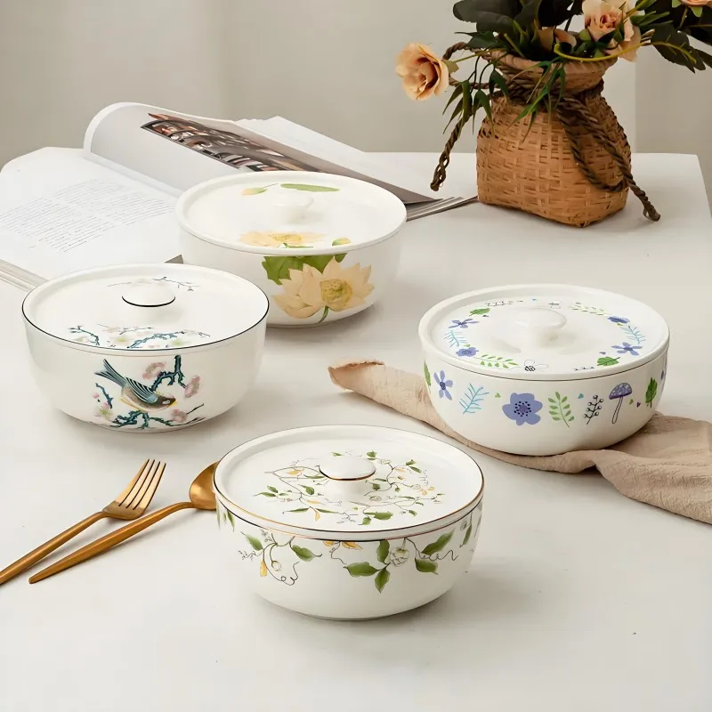7inch, bone china cereal bowl with lid, Chinese painting design, porcelain noodle bowl, vintage bowl, salad bowl paste bait bowl